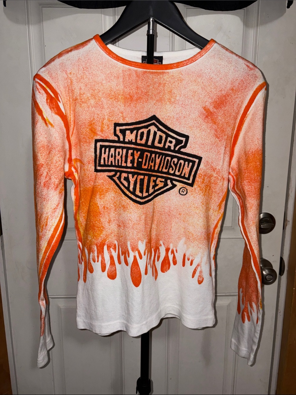 Harley Davidson Orange and White Tie Dye Flame Long Sleeve